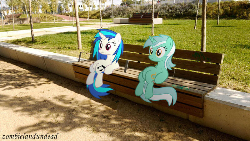 Size: 1000x562 | Tagged: safe, artist:zombielandundead, derpibooru import, lyra heartstrings, vinyl scratch, pony, unicorn, 2014, bench, duo, female, image, irl, jpeg, mare, meme, photo, ponies in real life, sitting, sitting lyra