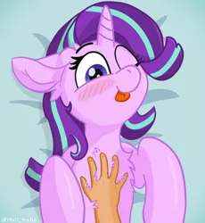 Size: 622x676 | Tagged: safe, alternate version, artist:d3f4ult_4rt1st, derpibooru import, starlight glimmer, human, pony, unicorn, :p, alternate character, bellyrubs, blushing, chest fluff, cute, duo, ear fluff, female, floppy ears, glimmerbetes, hand, hooves, horn, human on pony petting, image, lying down, mare, offscreen character, on back, one eye closed, petting, png, signature, tongue out