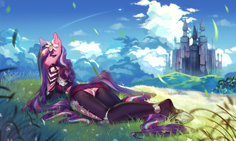 Size: 4400x2629 | Tagged: suggestive, artist:mashiro, derpibooru import, oc, oc:serenity pond, anthro, unguligrade anthro, armor, ass, blue sky, breasts, butt, castle, clothes, cloud, crossed legs, ear fluff, eye clipping through hair, field, flower, flower in hair, grass, grass field, hill, image, looking at you, looking back, looking back at you, lying down, panties, panty shot, png, prone, scenery, scenery porn, short shirt, sideboob, skirt, tight clothing, unconvincing armor, underwear, wet panties