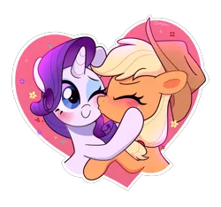 Size: 3100x2900 | Tagged: safe, artist:darkynez, derpibooru import, applejack, rarity, earth pony, unicorn, applejack's hat, blushing, cowboy hat, duo, duo female, female, hat, heart, image, kiss on the cheek, kissing, lesbian, png, rarijack, shipping