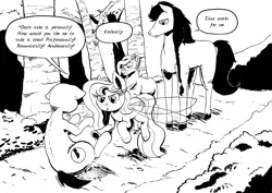 Size: 1280x905 | Tagged: safe, artist:darkhestur, derpibooru import, oc, oc:dark, oc:dustlight, oc:thyra, earth pony, flutter pony, goat, goat pony, anon pony, black and white, dialogue, forest, grayscale, image, meme, monochrome, png, road, tree