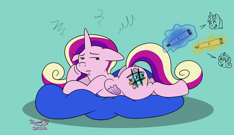 Size: 3004x1740 | Tagged: safe, artist:rupertbluefox, derpibooru import, princess cadance, princess flurry heart, shining armor, alicorn, pony, unicorn, baby, butt, cadance is not amused, drawing on flank, female, filly, foal, image, lying down, magic, male, mare, markers, missing accessory, offscreen character, on stomach, pillow, png, prank, prone, silly, stallion, tic tac toe, traditional art, unamused