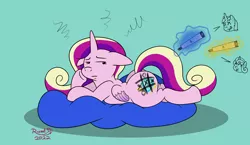 Size: 3004x1740 | Tagged: safe, artist:rupertbluefox, derpibooru import, princess cadance, princess flurry heart, shining armor, alicorn, pony, unicorn, baby, butt, cadance is not amused, drawing on flank, female, filly, foal, image, lying down, magic, male, mare, markers, missing accessory, offscreen character, on stomach, pillow, png, prank, prone, silly, stallion, tic tac toe, traditional art, unamused