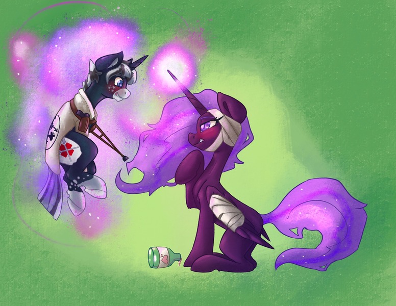 Size: 3300x2550 | Tagged: safe, artist:leadhooves, derpibooru import, oc, alicorn, pony, unicorn, fallout equestria, abstract background, alicorn oc, bandage, blushing, bottle, crutches, duo, female, horn, image, jpeg, levitation, magic, male, mare, stallion, telekinesis, wings