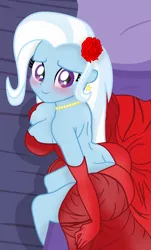 Size: 1162x1920 | Tagged: suggestive, artist:grapefruit-face, artist:uzzi-ponydubberx, derpibooru import, edit, trixie, bed, bedroom, blushing, breasts, busty trixie, butt, clothes, ear piercing, earring, flower, flower in hair, gloves, happy, holiday, image, jewelry, looking at you, necklace, piercing, png, red dress, smiling, smiling at you, solo, valentine's day