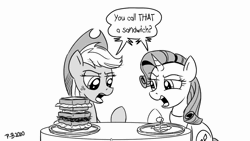 Size: 1920x1080 | Tagged: safe, artist:pony-berserker, derpibooru import, fifteen.ai, applejack, rarity, earth pony, pony, unicorn, and then there's rarity, animated, black and white, duo, female, food, grayscale, halftone, hors d'oeuvre, image, mare, monochrome, olive, pony-berserker's twitter sketches, sandwich, simple background, size comparison, size difference, size matters, sketch, sound, sound only, speech bubble, webm, white background