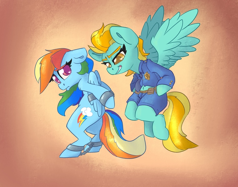 Size: 3226x2539 | Tagged: safe, artist:leadhooves, derpibooru import, lightning dust, rainbow dash, pegasus, pony, ankle chain, arm behind back, arrested, belly button, bipedal, bondage, bound wings, commission, cuffed, cuffs, high res, image, jpeg, never doubt rainbowdash69's involvement, officer ld, police uniform, pouting, prisoner rd, smiling, smirk, wing cuffs, wings