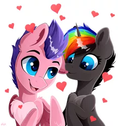 Size: 4000x4300 | Tagged: safe, artist:rainbowfire, derpibooru import, oc, pegasus, pony, unicorn, biting, blue eyes, chest fluff, couple, cute, female, heart, holiday, image, looking at you, love, lover, male, mare, png, smiling, smiling at you, stallion, valentine's day, valentine's day card