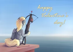 Size: 2384x1686 | Tagged: safe, artist:colourwave, derpibooru import, derpy hooves, ponified, pegasus, pony, arrow, crossbow, day, female, happy valentines day, heart, holiday, image, ocean, png, sitting, valentine's day, water, weapon