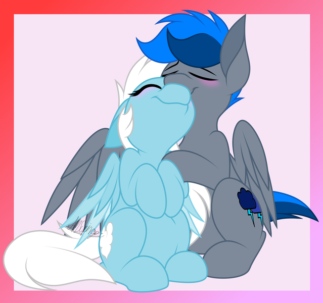 Size: 2186x2052 | Tagged: safe, artist:feather_bloom, derpibooru import, oc, oc:azure thunder, oc:featherbloom, unofficial characters only, pegasus, pony, couple, image, pink background, png, romantic, simple background