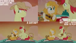 Size: 1280x720 | Tagged: safe, derpibooru import, edit, edited screencap, editor:quoterific, screencap, bright mac, pear butter, earth pony, pony, season 7, the perfect pear, cowboy hat, duo, female, guitar, hat, image, lip bite, male, mare, musical instrument, open mouth, open smile, png, smiling, stallion, sunset