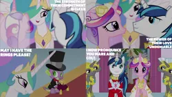 Size: 1280x720 | Tagged: safe, derpibooru import, edit, edited screencap, editor:quoterific, screencap, princess cadance, princess celestia, shining armor, spike, alicorn, dragon, pony, unicorn, a canterlot wedding, season 2, female, image, male, mare, open mouth, open smile, png, royal guard, smiling, spread wings, stallion, wings