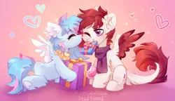 Size: 2940x1698 | Tagged: safe, artist:dedfriend, derpibooru import, oc, unofficial characters only, pegasus, pony, cute, floating heart, heart, hearts and hooves day, holiday, image, kissing, png, shipping