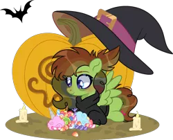 Size: 2109x1706 | Tagged: safe, artist:kurosawakuro, derpibooru import, oc, pegasus, pony, base used, candy, clothes, female, food, halloween, hat, holiday, hoodie, image, jack-o-lantern, lying down, mare, png, prone, pumpkin, simple background, solo, transparent background, witch hat