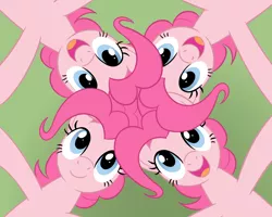 Size: 2000x1600 | Tagged: safe, artist:sazanamibd, derpibooru import, pinkie pie, earth pony, pony, clone, female, green background, image, looking at each other, looking at someone, mare, open mouth, open smile, pinkie clone, png, self paradox, self ponidox, simple background, smiling