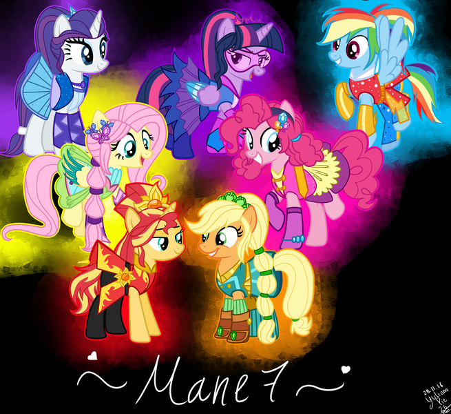 Size: 6000x5500 | Tagged: safe, alternate version, artist:yulianapie26, derpibooru import, applejack, fluttershy, pinkie pie, rainbow dash, rarity, sunset shimmer, twilight sparkle, earth pony, pegasus, pony, unicorn, equestria girls, legend of everfree, base used, clothes, crystal guardian, dress, equestria girls outfit, eyelashes, female, freckles, grin, horn, image, mane six, mare, png, simple background, smiling, wings
