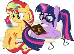 Size: 3000x2181 | Tagged: safe, artist:sketchmcreations, derpibooru import, lyra heartstrings, sci-twi, sunset shimmer, twilight sparkle, ponified, pony, unicorn, equestria girls, bench, book, book of harmony, equestria girls ponified, female, glasses, glow, glowing horn, horn, image, lesbian, looking at something, magic, mare, meme, mobile phone, phone, png, ponytail, scitwishimmer, shipping, simple background, sitting, sitting lyra, smartphone, smiling, sunsetsparkle, telekinesis, transparent background, unicorn twilight, vector
