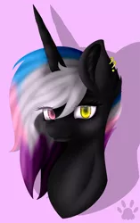 Size: 1941x3090 | Tagged: safe, artist:maneblue, derpibooru import, oc, unofficial characters only, pony, unicorn, bust, ear piercing, earring, female, heterochromia, horn, image, jewelry, mare, paw prints, piercing, pink background, png, simple background, solo, unicorn oc