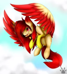 Size: 2327x2578 | Tagged: safe, artist:maneblue, derpibooru import, oc, unofficial characters only, pegasus, pony, flying, image, outdoors, paw prints, pegasus oc, png, smiling, solo, wings