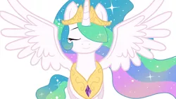 Size: 1280x720 | Tagged: safe, artist:sallyso, derpibooru import, princess celestia, alicorn, pony, bust, ethereal mane, female, hair over one eye, image, jewelry, mare, peytral, png, simple background, smiling, solo, spread wings, starry mane, tiara, white background, wings