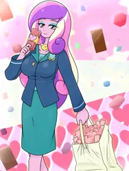 Size: 1668x2224 | Tagged: safe, artist:batipin, derpibooru import, princess cadance, equestria girls, bag, breasts, chocolate, chocolate bar, dean cadance, food, holiday, image, looking at you, png, valentine's day