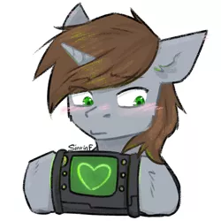 Size: 1024x1024 | Tagged: safe, artist:sinrinf, derpibooru import, oc, oc:littlepip, pony, unicorn, fallout equestria, blushing, holiday, image, pipbuck, png, solo, valentine's day