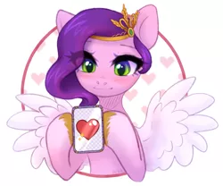 Size: 1789x1489 | Tagged: safe, artist:avrameow, derpibooru import, pipp petals, pegasus, pony, my little pony: a new generation, blushing, female, g5, happy valentines day, hearts and hooves day, holiday, image, mare, phone, png, simple background, smiling, solo, spread wings, valentine's day, white background, wings