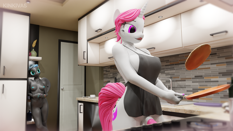 Size: 1280x720 | Tagged: explicit, artist:kinkivas, derpibooru import, part of a set, oc, oc:kinki, oc:vas, unofficial characters only, anthro, pegasus, unicorn, 3d, apron, breasts, clothes, female, futa, futa oc, holiday, horn, horsecock, image, intersex, kitchen, naked apron, nudity, partial nudity, penis, piercing, png