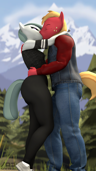 Size: 1080x1920 | Tagged: safe, artist:nologo, derpibooru import, big macintosh, marble pie, anthro, clothes, eyes closed, female, forest, hands on shoulder, hug, image, kissing, male, marblemac, outdoors, pants, png, shipping, straight, tree, yoga pants