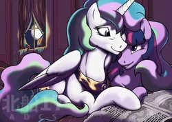 Size: 1280x904 | Tagged: safe, derpibooru import, princess celestia, twilight sparkle, book, cuddling, female, image, lesbian, looking at each other, looking at someone, love, moon, night, nuzzling, png, romance, shipping, smiling, twilestia