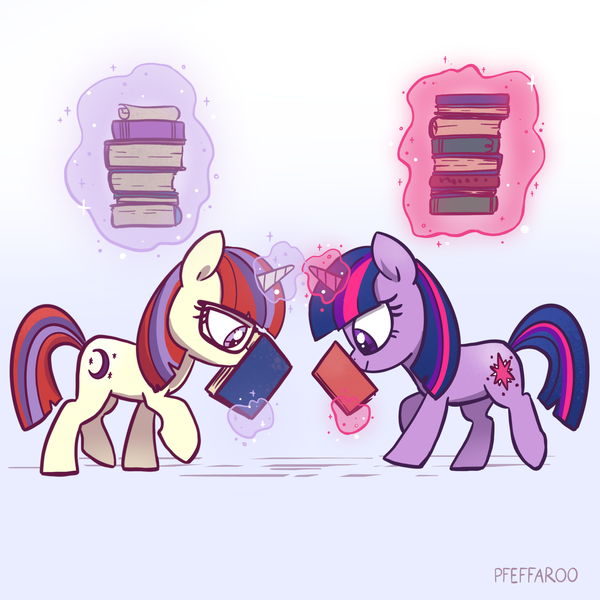 Size: 2048x2048 | Tagged: safe, artist:pfeffaroo, derpibooru import, moondancer, twilight sparkle, pony, unicorn, book, bookworm, carrying, duo, female, filly, filly moondancer, filly twilight sparkle, foal, high res, image, imminent crash, magic, png, reading, simple background, telekinesis, this will end in pain, unicorn twilight, younger