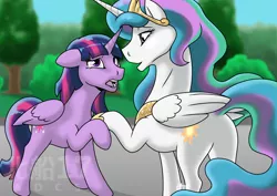 Size: 2710x1916 | Tagged: safe, derpibooru import, princess celestia, twilight sparkle, canterlot, confession, female, image, lesbian, looking at each other, looking at someone, love, png, raised hoof, shipping, twilestia