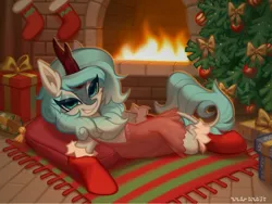 Size: 1500x1126 | Tagged: safe, artist:rrd-artist, derpibooru import, oc, oc:frost flare, unofficial characters only, kirin, christmas, christmas stocking, christmas tree, clothes, female, fire, fireplace, holiday, image, jpeg, kirin oc, nipples, nudity, present, signature, socks, solo, tree