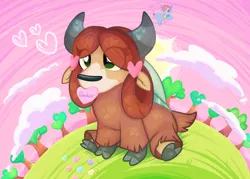 Size: 1950x1399 | Tagged: safe, artist:rainbow eevee, derpibooru import, yona, yak, beautiful, candy, candy hearts, cloud, cute, digital art, female, food, grass, green eyes, heart, hearts and hooves day, hill, holiday, image, implied sandbar, monkey swings, mouth hold, png, sitting, solo, sun, sunset, text, tree, valentine's day, yonadorable