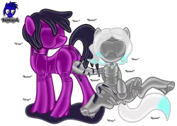 Size: 5824x4154 | Tagged: suggestive, artist:damlanil, derpibooru import, oc, oc:cold front, oc:melting heart, goo, latex pony, original species, pegasus, pony, series:becoming submissive, series:becoming submissive together, bdsm, blindfold, bodysuit, bondage, bondage mask, bulge touching, catsuit, clothes, collar, commission, crotch bulge, encasement, female, gag, gimp suit, high heels, hood, image, latex, latex suit, male, mare, muzzle gag, null, onomatopoeia, png, raised hoof, rubber, shiny, shoes, show accurate, simple background, sitting, stallion, standing, suit, transparent background, vector, wings