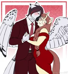 Size: 3000x3265 | Tagged: safe, artist:hasana-chan, derpibooru import, oc, oc:céline actias, oc:pyry, unofficial characters only, anthro, pegasus, pony, unguligrade anthro, unicorn, commission, couple, eyes closed, female, freckles, gift art, glasses, happy, hearts and hooves day, holiday, horn, image, kiss on the cheek, kissing, male, mare, oc x oc, pegasus oc, png, red dress, shipping, shoulderless, smiling, stallion, tail, tail feathers, unicorn oc, valentine's day, wholesome, wings