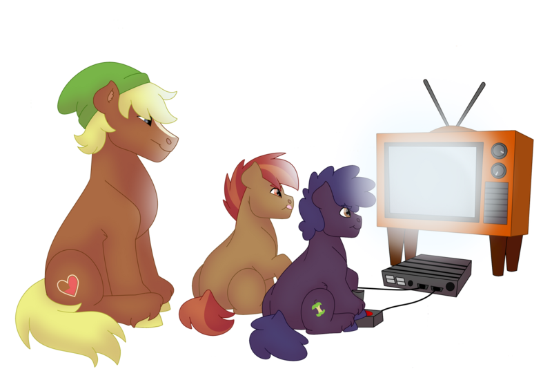 Size: 1280x854 | Tagged: safe, artist:itstechtock, derpibooru import, button mash, quarter hearts, oc, pony, controller, image, joystick, png, simple background, television, transparent background, video game