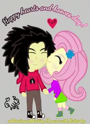 Size: 1920x2616 | Tagged: safe, artist:flutteryaylove, derpibooru import, fluttershy, oc, oc:lusshy aragrev, drawing, gray background, hearts and hooves day, image, kiss on the cheek, kissing, png, simple background, smiling, text