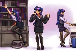 Size: 1280x885 | Tagged: suggestive, artist:king-kakapo, derpibooru import, twilight sparkle, human, bookshelf, breasts, business suit, busty twilight sparkle, clipboard, clothes, female, flashing, high heels, humanized, image, jpeg, looking at you, panties, pantyhose, photocopier, plant, sexy, shoes, skirt, skirt suit, smiling, smiling at you, solo, solo female, spread legs, spreading, stupid sexy twilight, suit, underwear, vest, watch