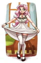 Size: 1601x2450 | Tagged: suggestive, artist:king-kakapo, derpibooru import, fluttershy, human, blushing, breasts, busty fluttershy, clothes, dress, ear piercing, earring, fluttershy's cottage (interior), frilly dress, frilly socks, high heels, humanized, image, jewelry, lipstick, mary janes, necklace, piercing, png, shoes, skirt, skirt pull, socks, solo, stockings, thigh highs, underwear
