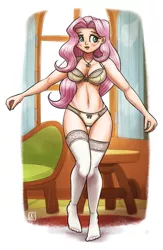 Size: 1601x2450 | Tagged: suggestive, alternate version, artist:king-kakapo, derpibooru import, fluttershy, human, belly button, blushing, bow, bra, breasts, busty fluttershy, clothes, fluttershy's cottage (interior), frilly underwear, humanized, image, lipstick, panties, png, socks, solo, stocking feet, stockings, thigh highs, underwear