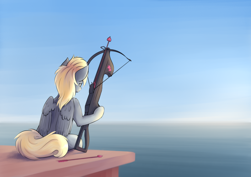 Size: 2384x1686 | Tagged: safe, alternate version, artist:colourwave, derpibooru import, derpy hooves, ponified, pegasus, pony, arrow, crossbow, day, female, heart, holiday, image, ocean, png, sitting, valentine's day, water, weapon