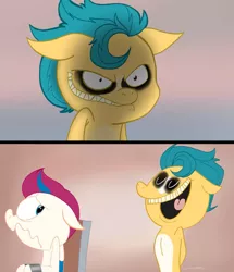 Size: 1081x1256 | Tagged: safe, artist:sockiepuppetry, derpibooru import, edit, hitch trailblazer, zipp storm, earth pony, pegasus, pony, .mov, shed.mov, 2 panel comic, arm behind back, chair, comic, duo, evil grin, eyes closed, female, floppy ears, g5, grin, image, jpeg, looking back, male, mare, open mouth, open smile, parody, restrained, scared, smiling, stallion, style emulation, this will end in death, wavy mouth
