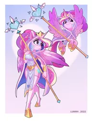 Size: 1280x1672 | Tagged: safe, artist:lummh, derpibooru import, princess cadance, alicorn, anthro, pony, unguligrade anthro, abstract background, cloak, cloaked, clothes, crystal, crystal heart, crystal princess, duo, duo female, female, g4, heart, holiday, hooves, image, jpeg, ponytail, priestess, princess of love, socks, staff, stockings, thigh highs, valentine's day