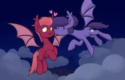 Size: 2561x1637 | Tagged: safe, artist:moonatik, derpibooru import, oc, oc:arlia, oc:thorium, unofficial characters only, bat pony, pony, bat pony oc, bat wings, cloud, female, flying, hair bun, heart, image, kissing, male, mare, night, png, shipping, sky, stallion, stars, straight, wings