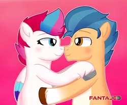 Size: 1306x1086 | Tagged: safe, artist:fantaje3, derpibooru import, hitch trailblazer, zipp storm, earth pony, pegasus, pony, female, g5, hearts and hooves day, hitchzipp, image, looking at each other, looking at someone, male, mare, png, shipping, stallion, straight