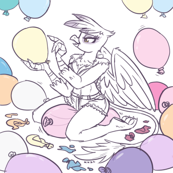 Size: 1600x1600 | Tagged: suggestive, artist:king-kakapo, derpibooru import, gilda, anthro, balloon, balloon sitting, bikini, bikini top, breasts, busty gilda, clothes, commission, image, kneeling, mary janes, png, popping, shoes, sketch, swimsuit