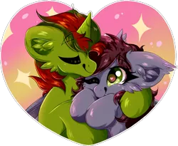 Size: 976x801 | Tagged: safe, artist:woonborg, derpibooru import, oc, oc:blobel, oc:sweet night, bat pony, unicorn, commission, heart, hearts and hooves day, holiday, image, png, valentine, valentine's day, ych result, your character here