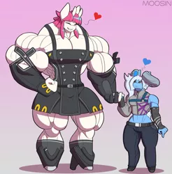 Size: 2034x2063 | Tagged: suggestive, artist:mopyr, derpibooru import, oc, oc:fort, oc:moosin, unofficial characters only, anthro, original species, buff breasts, clothes, couple, female, femboy, fetish, floating heart, gloves, grin, heart, holding hands, horn, image, long gloves, male, muscle fetish, muscles, muscular female, outfit, overdeveloped muscles, png, size difference, smiling, wide hips