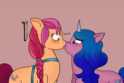 Size: 1414x955 | Tagged: safe, artist:theewk, derpibooru import, izzy moonbow, sunny starscout, earth pony, pony, unicorn, my little pony: a new generation, blushing, boop, duo, female, g5, image, izzyscout, jpeg, kissing, lesbian, looking at each other, looking at someone, mare, noseboop, shipping, signature, simple background